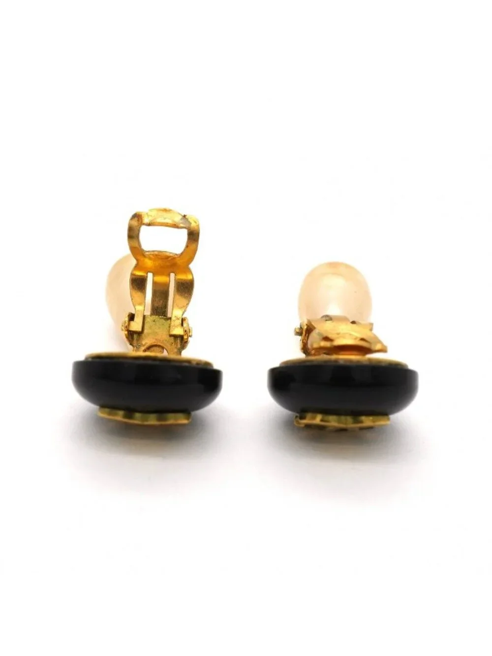 Chanel Earrings Vintage CC Logo Gold Plated Faux Pearl Blackcles